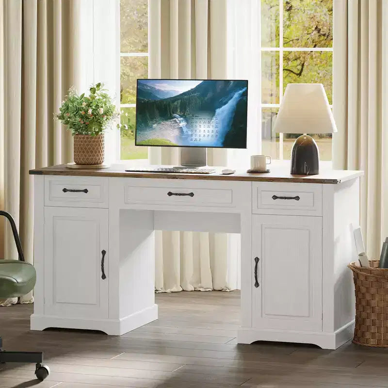 Farmhouse Executive Desk, Writing Desk with 3 Drawers and 2 Cabinets, Rustic Wooden Computer Table for Work, Study, Writing, Workstation for Bedroom