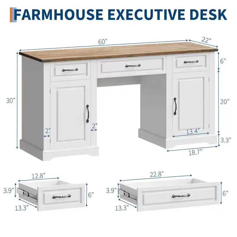 Scrivania direzionale da fattoria, scrivania con 3 cassetti e 2 armadietti, tavolo per computer rustico in legno per lavoro, studio, scrittura, postazione di lavoro per camera da letto
