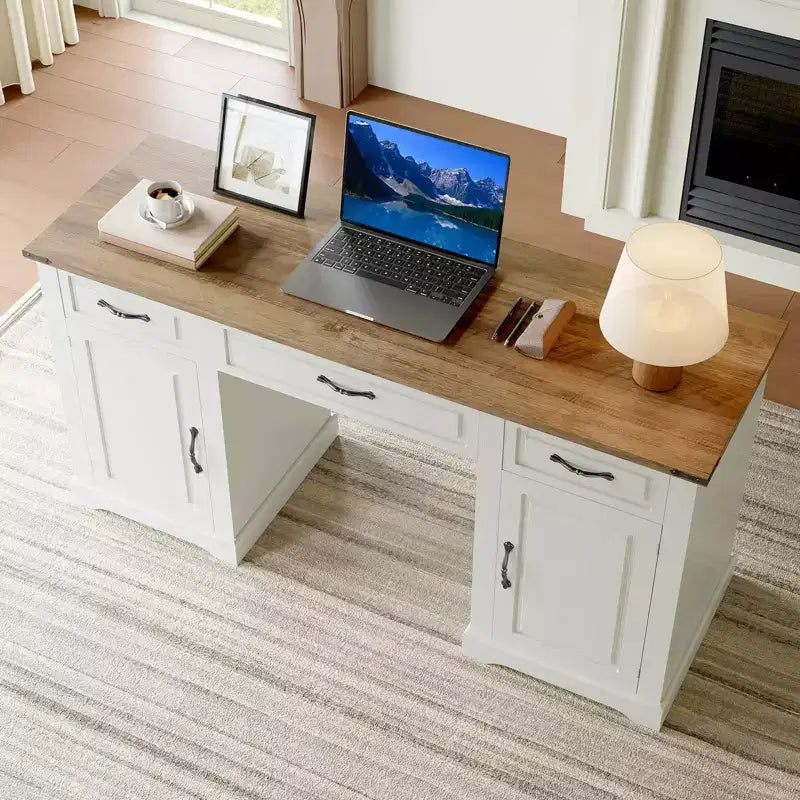Scrivania direzionale da fattoria, scrivania con 3 cassetti e 2 armadietti, tavolo per computer rustico in legno per lavoro, studio, scrittura, postazione di lavoro per camera da letto
