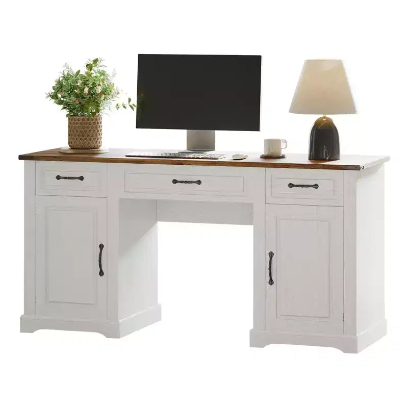 Scrivania direzionale da fattoria, scrivania con 3 cassetti e 2 armadietti, tavolo per computer rustico in legno per lavoro, studio, scrittura, postazione di lavoro per camera da letto