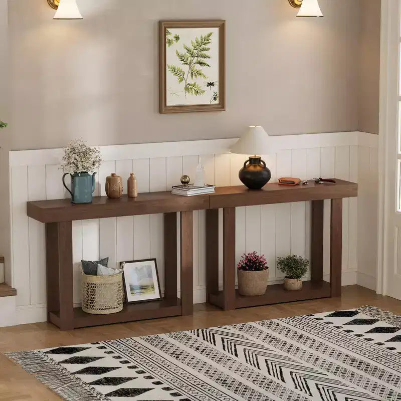 Tavolo Consolle in Legno Stile Rustico, Tavolo da Divano con Mensole, Tavolo Consolle Stretto con Vano a Giorno, per Ingresso, Dietro il Divano, Soggiorno