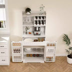 White Buffet Cabinet with Hutch, Modern Farmhouse Kitchen Storage Sideboard with 2 Drawers & Barn Doors, Coffee Bar Station or Liquor Cabinet