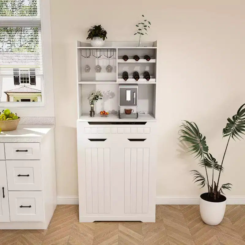 Credenza a buffet bianca con alzata, madia moderna in stile rustico per la cucina con 2 cassetti e ante a granaio, stazione caffè o mobile bar
