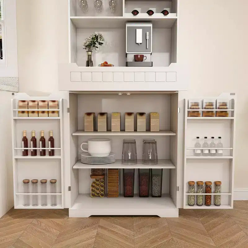 Credenza a buffet bianca con alzata, madia moderna in stile rustico per la cucina con 2 cassetti e ante a granaio, stazione caffè o mobile bar