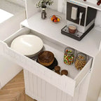 Credenza a buffet bianca con alzata, madia moderna in stile rustico per la cucina con 2 cassetti e ante a granaio, stazione caffè o mobile bar