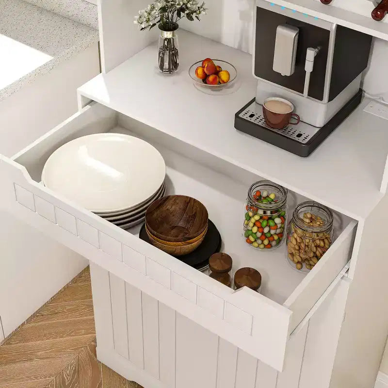 Credenza a buffet bianca con alzata, madia moderna in stile rustico per la cucina con 2 cassetti e ante a granaio, stazione caffè o mobile bar