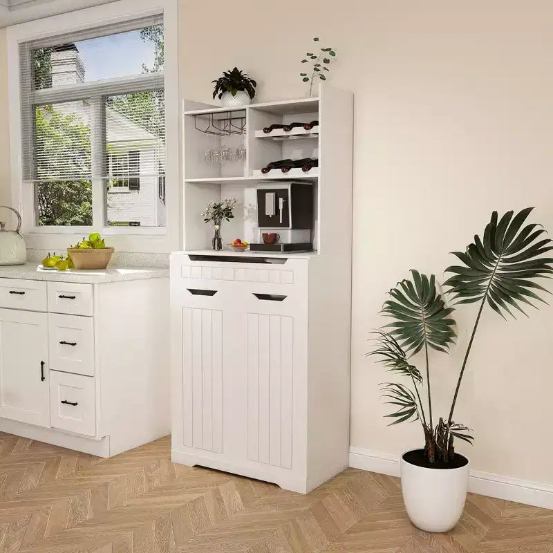 Credenza a buffet bianca con alzata, madia moderna in stile rustico per la cucina con 2 cassetti e ante a granaio, stazione caffè o mobile bar