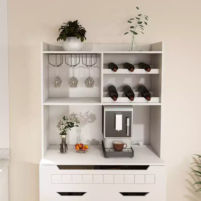 Credenza a buffet bianca con alzata, madia moderna in stile rustico per la cucina con 2 cassetti e ante a granaio, stazione caffè o mobile bar