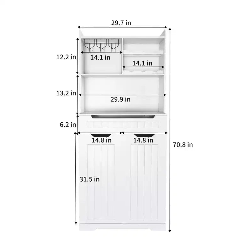 Credenza a buffet bianca con alzata, madia moderna in stile rustico per la cucina con 2 cassetti e ante a granaio, stazione caffè o mobile bar