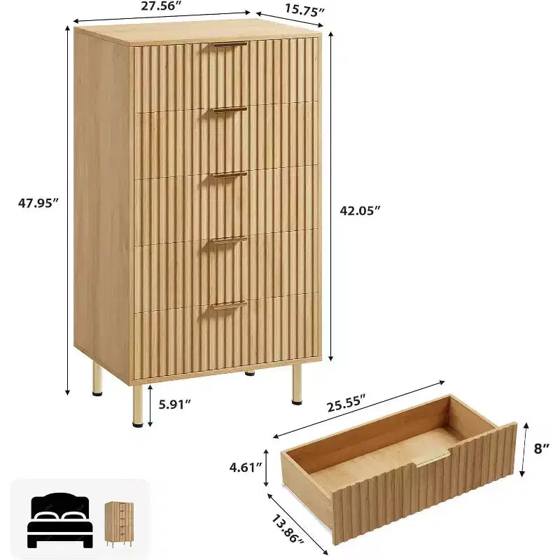 Comò Alto a 5 Cassetti, Cassettiera Moderna in Legno Scanalato da 48 pollici con Cassetti Profondi e Piano Ampio, Organizer Verticale per Camera da Letto, Soggiorno