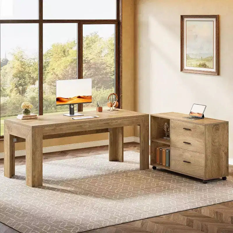 Scrivania direzionale a L Lantine 63 con combinazione di cassettiera laterale mobile, grande tavolo per computer con cassetti per l'ufficio domestico