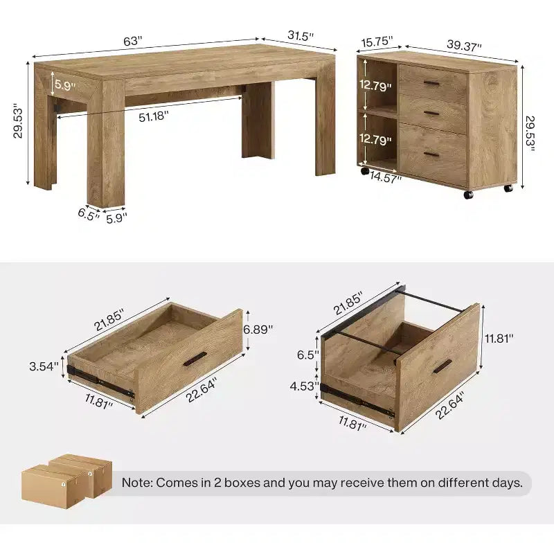 Scrivania direzionale a L Lantine 63 con combinazione di cassettiera laterale mobile, grande tavolo per computer con cassetti per l'ufficio domestico
