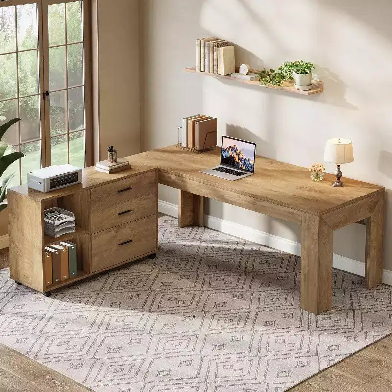 Scrivania direzionale a L Lantine 63 con combinazione di cassettiera laterale mobile, grande tavolo per computer con cassetti per l'ufficio domestico