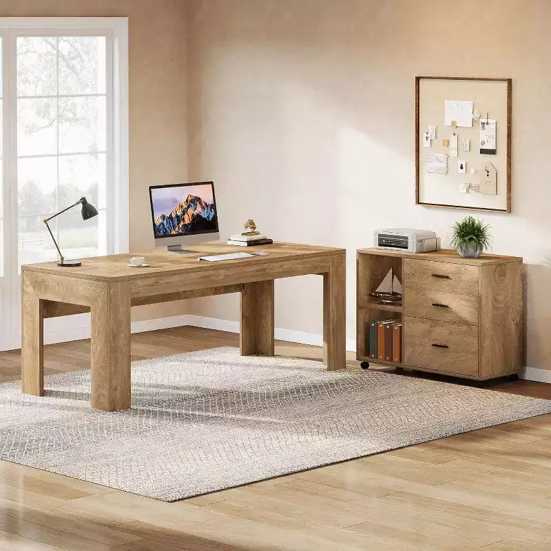 Scrivania direzionale a L Lantine 63 con combinazione di cassettiera laterale mobile, grande tavolo per computer con cassetti per l'ufficio domestico