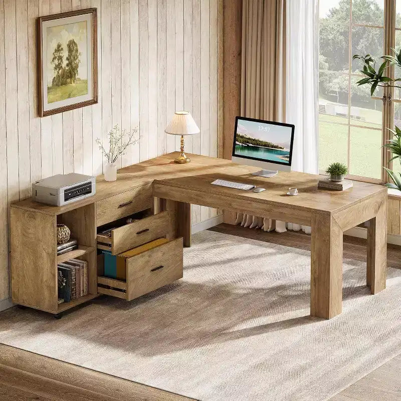 Scrivania direzionale a L Lantine 63 con combinazione di cassettiera laterale mobile, grande tavolo per computer con cassetti per l'ufficio domestico