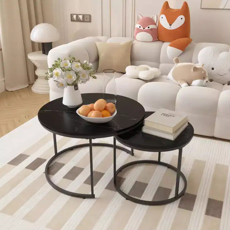 27 Round Nesting Table Set of 2, Industrial Wood-Look Tops with Sturdy Metal Frame, Space-Saving Accent End Tables, Black