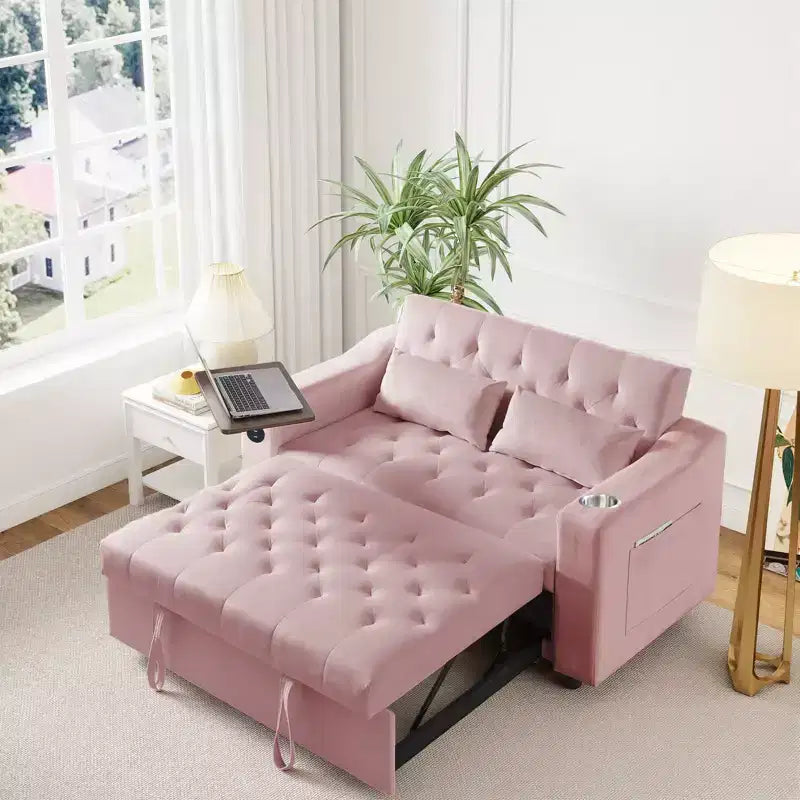 MooxvMoo 3 in 1 Sleeper Sofa Bed,Convertible Pull Out Couch with Small Table,USB and Type-C Ports,Loveseat Sleeper Bed with Side Pockets,Pink
