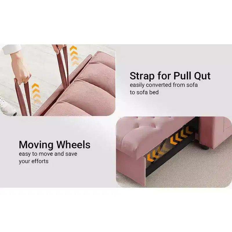 MooxvMoo Divano Letto 3 in 1, Divano Estraibile Convertibile con Tavolino, Porte USB e Type-C, Divano Letto a Due Posti con Tasche Laterali, Rosa