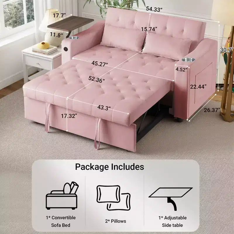 MooxvMoo Divano Letto 3 in 1, Divano Estraibile Convertibile con Tavolino, Porte USB e Type-C, Divano Letto a Due Posti con Tasche Laterali, Rosa