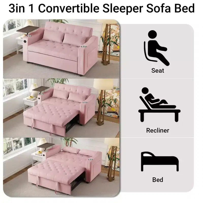 MooxvMoo Divano Letto 3 in 1, Divano Estraibile Convertibile con Tavolino, Porte USB e Type-C, Divano Letto a Due Posti con Tasche Laterali, Rosa