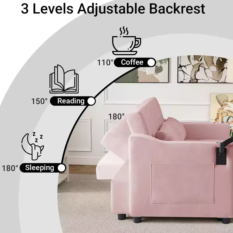 MooxvMoo Divano Letto 3 in 1, Divano Estraibile Convertibile con Tavolino, Porte USB e Type-C, Divano Letto a Due Posti con Tasche Laterali, Rosa