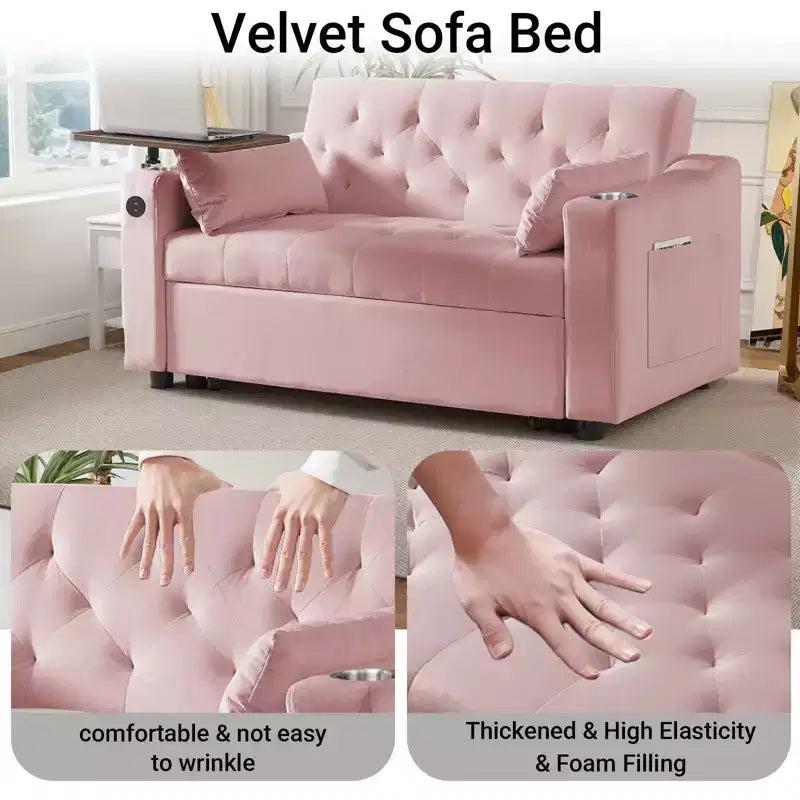 MooxvMoo Divano Letto 3 in 1, Divano Estraibile Convertibile con Tavolino, Porte USB e Type-C, Divano Letto a Due Posti con Tasche Laterali, Rosa