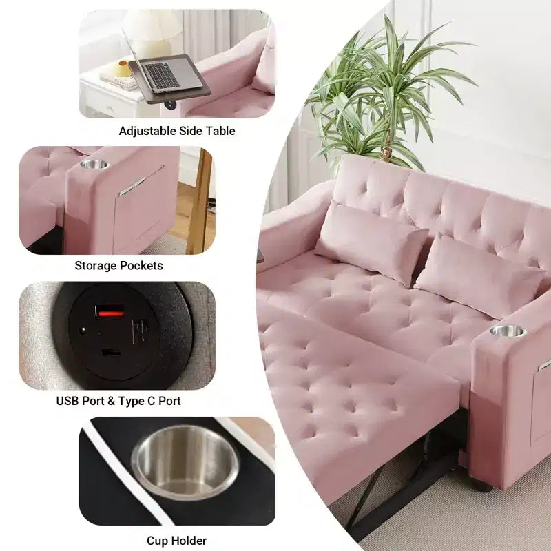 MooxvMoo Divano Letto 3 in 1, Divano Estraibile Convertibile con Tavolino, Porte USB e Type-C, Divano Letto a Due Posti con Tasche Laterali, Rosa