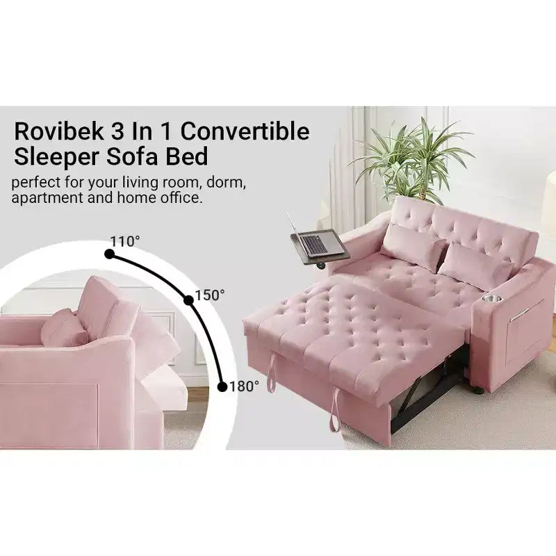 MooxvMoo Divano Letto 3 in 1, Divano Estraibile Convertibile con Tavolino, Porte USB e Type-C, Divano Letto a Due Posti con Tasche Laterali, Rosa