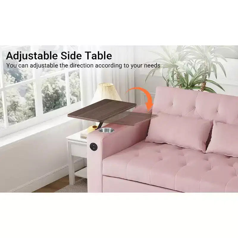 MooxvMoo Divano Letto 3 in 1, Divano Estraibile Convertibile con Tavolino, Porte USB e Type-C, Divano Letto a Due Posti con Tasche Laterali, Rosa