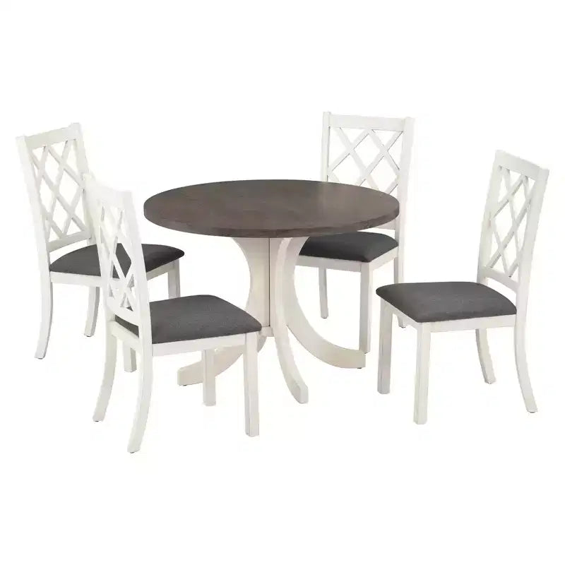 Set da pranzo 5 pezzi per 4 persone in stile rustico, tavolo da cucina rotondo in legno con 4 sedie imbottite