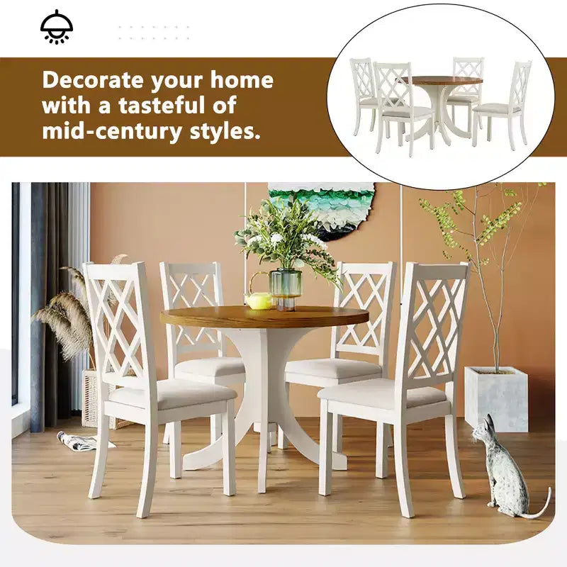 Set da pranzo 5 pezzi per 4 persone in stile rustico, tavolo da cucina rotondo in legno con 4 sedie imbottite