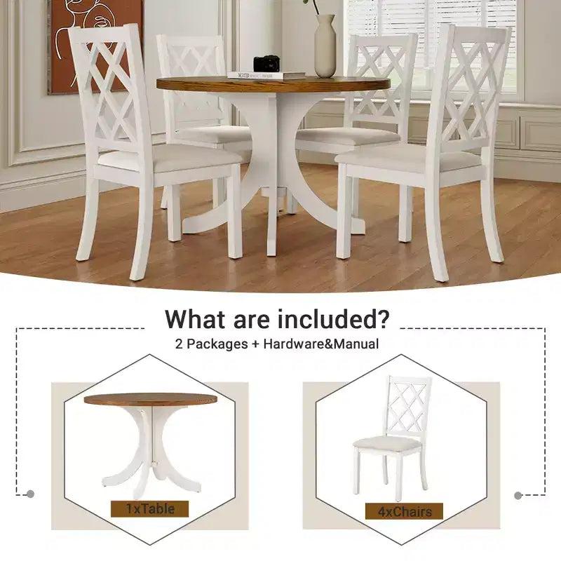 Set da pranzo 5 pezzi per 4 persone in stile rustico, tavolo da cucina rotondo in legno con 4 sedie imbottite