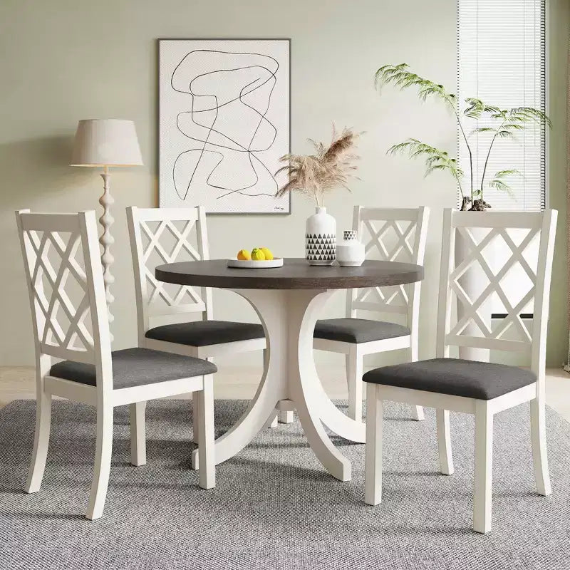 Farmhouse 5 Pieces Dining Table Set for 4, Wood Round Kitchen Table Set with 4 Upholstered Chairs
