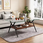 JVNOXK 38-inch rectangular coffee table with tempered glass top and black metal legs. Modern style, suitable for living rooms. Clear glass