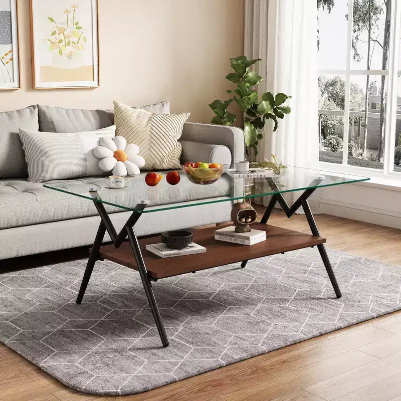 JVNOXK 38-inch rectangular coffee table with tempered glass top and black metal legs. Modern style, suitable for living rooms. Clear glass