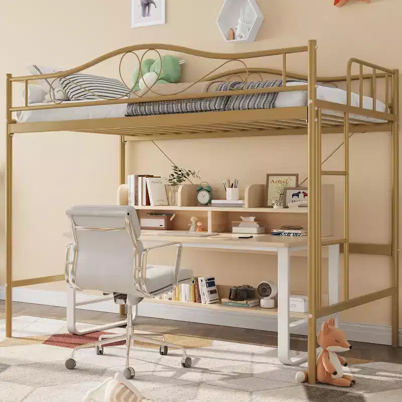 Acekool Twin Loft Bed Frame with Removable Ladder and Full Guardrail, Gold Metal High Loft Bed for Teens Adults, Space Saving, No Box Spring Needed