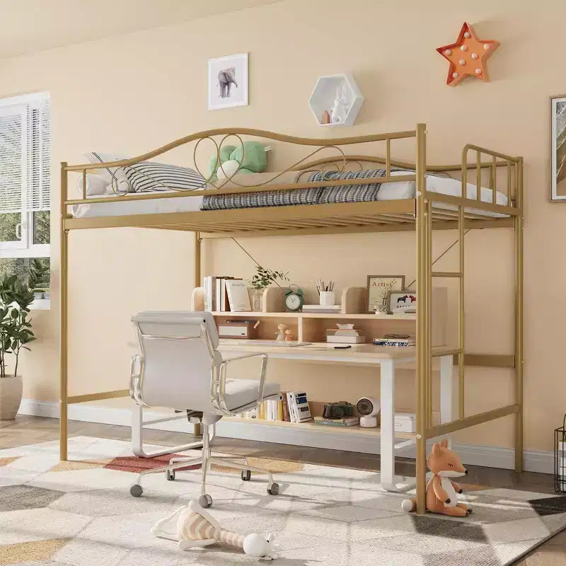 Acekool Telaio Letto a Soppalco Gemello con Scaletta Rimovibile e Sponda di Sicurezza Completa, Letto a Soppalco Alto in Metallo Oro per Adolescenti Adulti, Salvaspazio, Non Richiede Rete a Molle