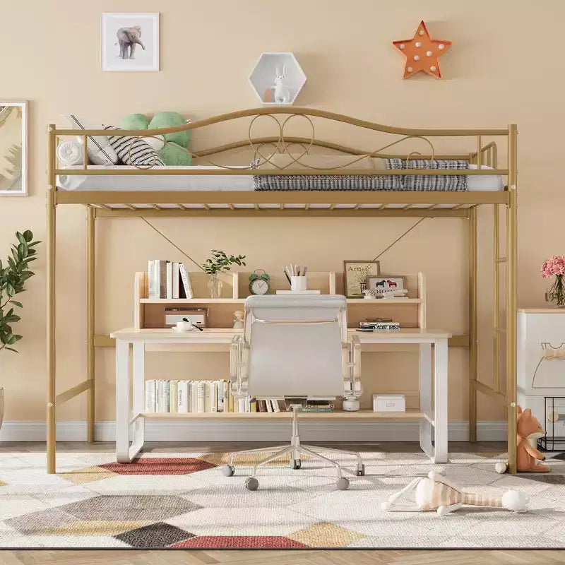 Acekool Telaio Letto a Soppalco Gemello con Scaletta Rimovibile e Sponda di Sicurezza Completa, Letto a Soppalco Alto in Metallo Oro per Adolescenti Adulti, Salvaspazio, Non Richiede Rete a Molle
