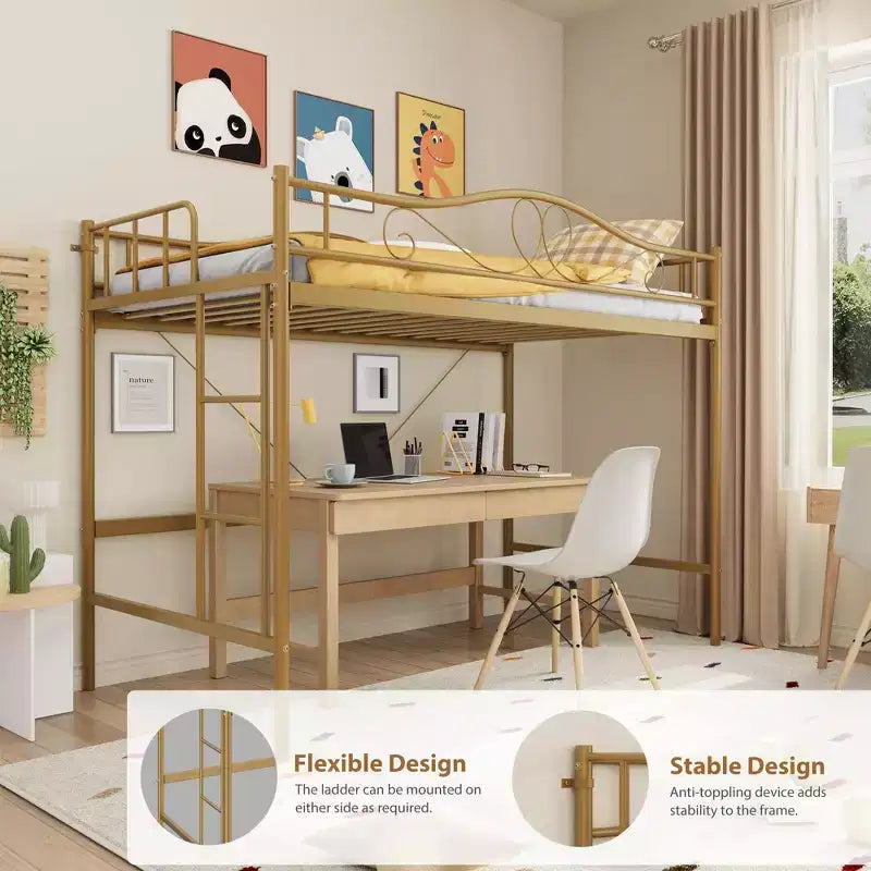 Acekool Telaio Letto a Soppalco Gemello con Scaletta Rimovibile e Sponda di Sicurezza Completa, Letto a Soppalco Alto in Metallo Oro per Adolescenti Adulti, Salvaspazio, Non Richiede Rete a Molle