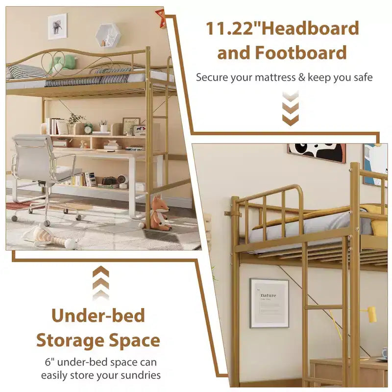 Acekool Telaio Letto a Soppalco Gemello con Scaletta Rimovibile e Sponda di Sicurezza Completa, Letto a Soppalco Alto in Metallo Oro per Adolescenti Adulti, Salvaspazio, Non Richiede Rete a Molle