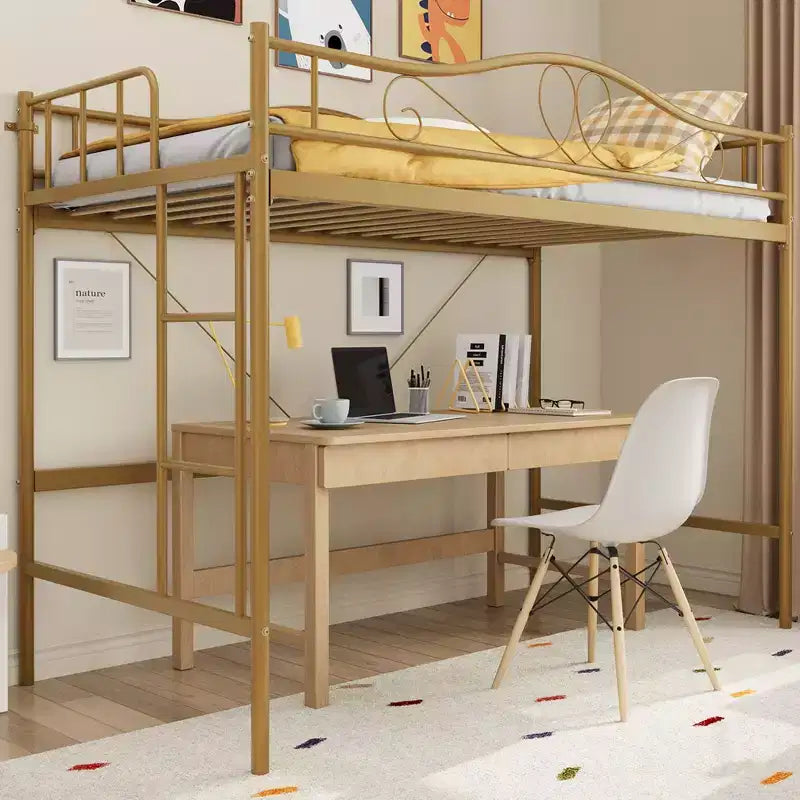 Acekool Telaio Letto a Soppalco Gemello con Scaletta Rimovibile e Sponda di Sicurezza Completa, Letto a Soppalco Alto in Metallo Oro per Adolescenti Adulti, Salvaspazio, Non Richiede Rete a Molle