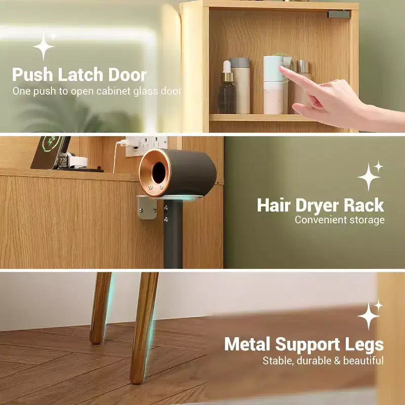 Toeletta da 120 cm con specchio e luci, tavolo da trucco in legno scanalato con 4 cassetti e stazione di ricarica, set da trucco per camera da letto, nero