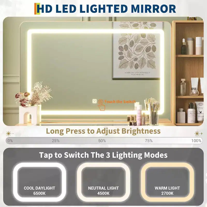 Toeletta da 120 cm con specchio e luci, tavolo da trucco in legno scanalato con 4 cassetti e stazione di ricarica, set da trucco per camera da letto, nero