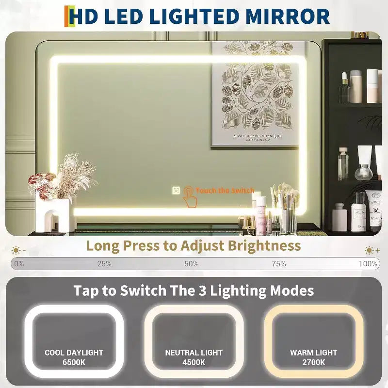 Toeletta da 120 cm con specchio e luci, tavolo da trucco in legno scanalato con 4 cassetti e stazione di ricarica, set da trucco per camera da letto, nero