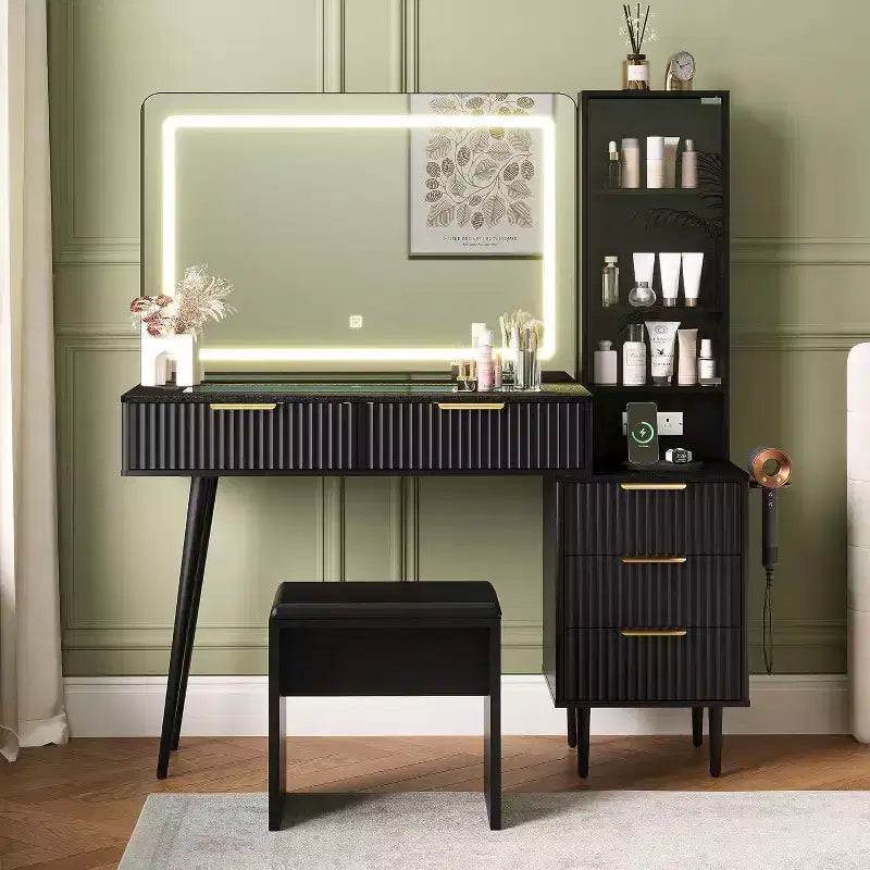 48 Makeup Vanity Desk with Mirror and Lights, Fluted Wooden Dressing Table with 4 Drawers & Charging Station, Makeup Vanity Set for Bedroom, Black