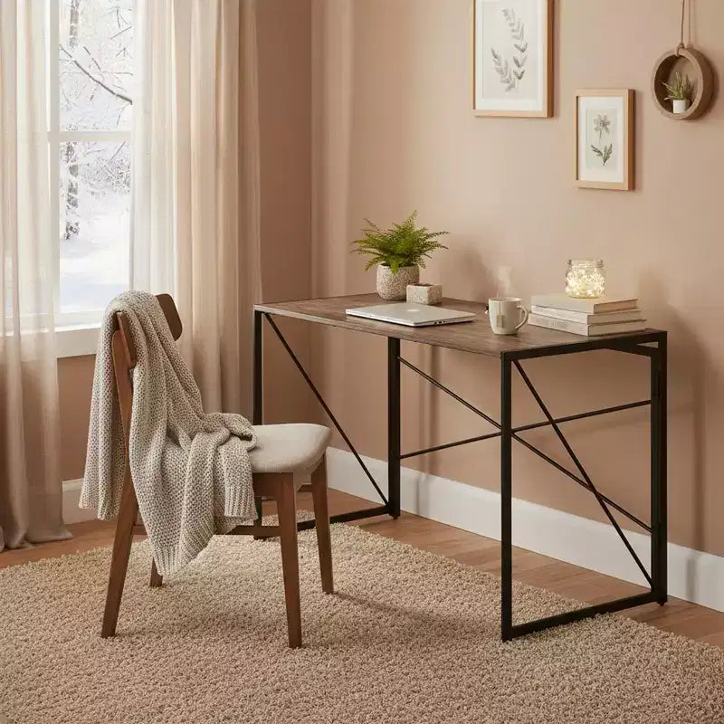 Homy Casa Harper Large Folding Desk with Wide Wood Top and Metal Frame for Home Office