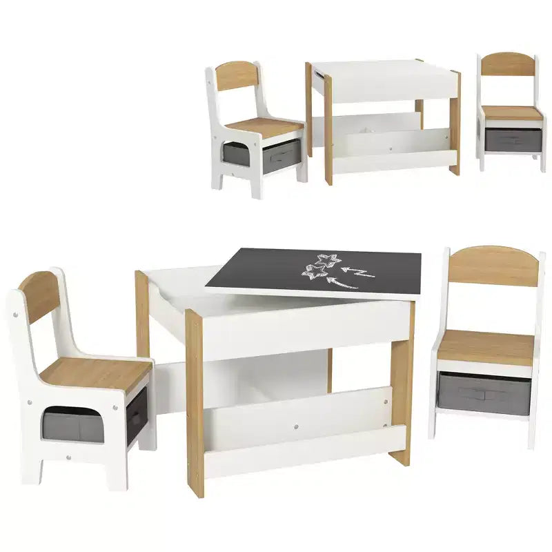 Set tavolo e sedie per bambini Etokfoks 3 pezzi, con piano reversibile lavagna, cassetti portaoggetti, libreria per sala giochi, cameretta, età 3-8 anni, grigio