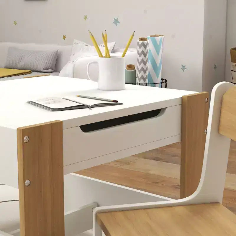 Set tavolo e sedie per bambini Etokfoks 3 pezzi, con piano reversibile lavagna, cassetti portaoggetti, libreria per sala giochi, cameretta, età 3-8 anni, grigio