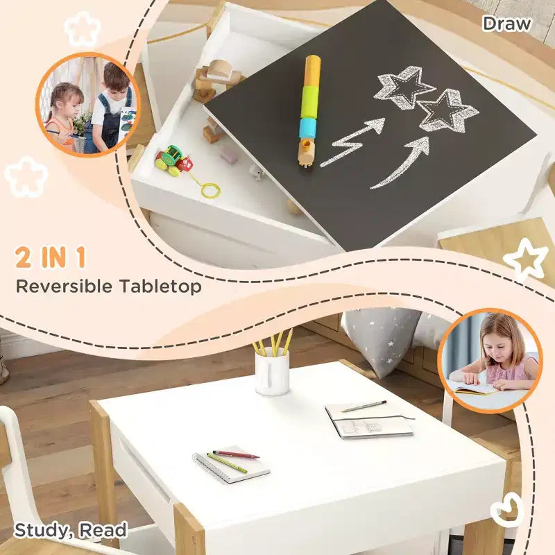 Set tavolo e sedie per bambini Etokfoks 3 pezzi, con piano reversibile lavagna, cassetti portaoggetti, libreria per sala giochi, cameretta, età 3-8 anni, grigio