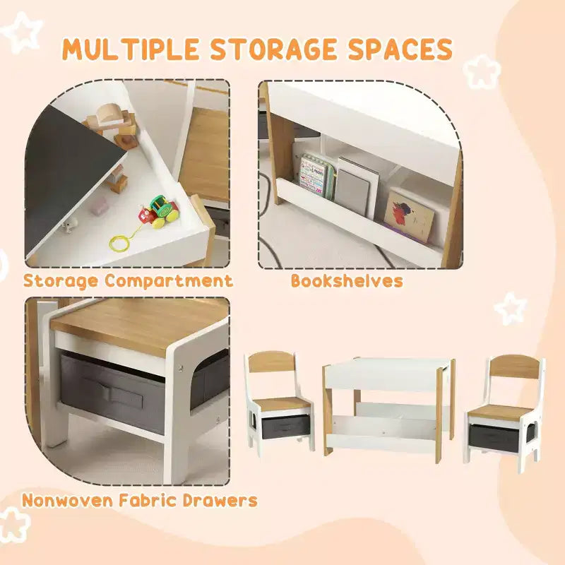 Set tavolo e sedie per bambini Etokfoks 3 pezzi, con piano reversibile lavagna, cassetti portaoggetti, libreria per sala giochi, cameretta, età 3-8 anni, grigio